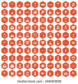 100 wedding icons set in orange hexagon isolated vector illustration