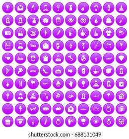 100 wedding icons set in purple circle isolated on white vector illustration