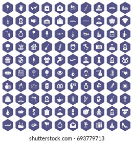 100 wedding icons set in purple hexagon isolated vector illustration