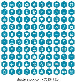 100 wedding icons set in sapphirine hexagon isolated vector illustration