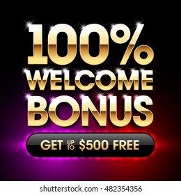 100% Welcome Bonus casino banner, first deposit bonus. Vector illustration.