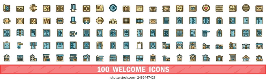 100 welcome icons set. Color line set of welcome vector icons thin line color flat on white