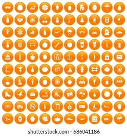 100 wellness icons set in orange circle isolated on white vector illustration
