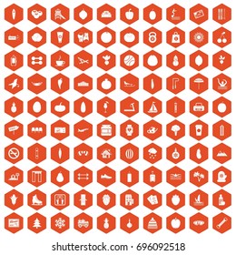 100 wellness icons set in orange hexagon isolated vector illustration