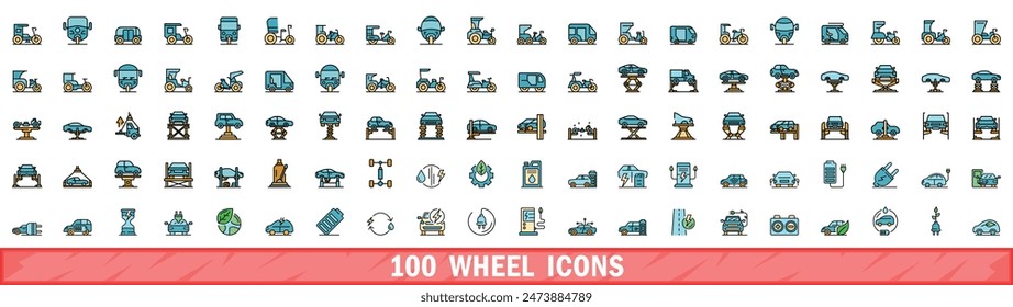 100 wheel icons set. Color line set of wheel vector icons thin line color flat on white