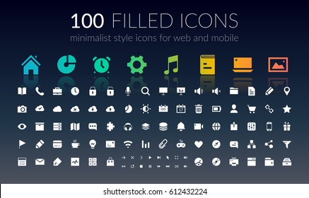 100 white and colorful mobile application icons in minimalist style set isolated on dark background flat vector illustration