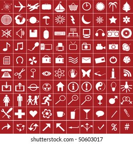 100 white web icons on red background