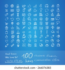 100 white web icons set. Universal web icons set on blue background. Communication, finance, office and business symbols. Use for website decoration. Vector EPS10