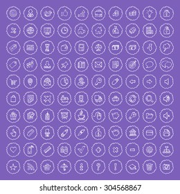 100 white web icons. Universal web icons set on violet background. Communication, finance, office, travel, shopping and business symbols. Use for website decoration. Vector EPS10