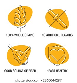 100 whole grains, No artificial flavors, Good source of fiber, Heart healthy - icons set for breakfast cereals, in yellow shapes and in thin line. 