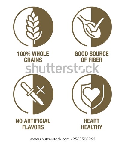 100 whole grains, No artificial flavors, Good source of fiber, Heart healthy - icons set for breakfast cereals, in decorative circle shapes