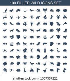 100 wild icons. Trendy wild icons white background. Included filled icons such as goose, hog, goat, fish, kangaroo, buffalo, rabbit, elephant, antelope. wild icon for web and mobile.