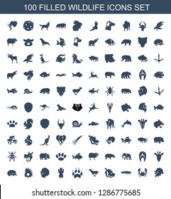 100 wildlife icons. Trendy wildlife icons white background. Included filled icons such as lion, crab, caterpillar, hippopotamus, antelope, paw. wildlife icon for web and mobile.