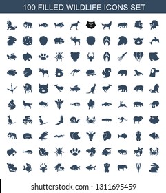 100 wildlife icons. Trendy wildlife icons white background. Included filled icons such as rabbit, crab, hippopotamus, bear, fish, bull, buffalo. wildlife icon for web and mobile.