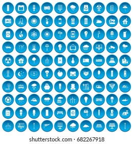 100 windmills icons set in blue circle isolated on white vector illustration