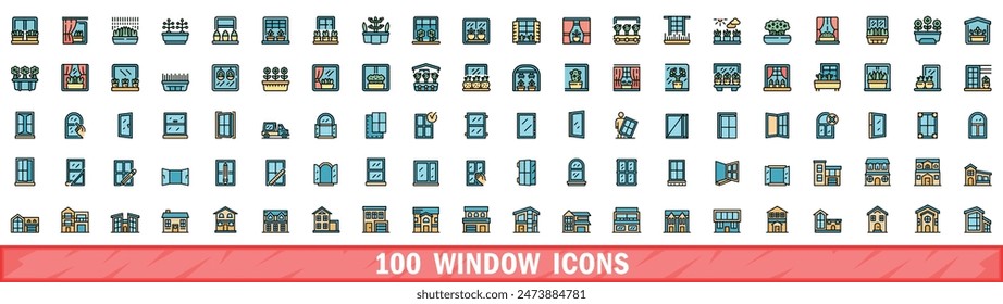 100 window icons set. Color line set of window vector icons thin line color flat on white