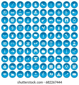 100 wine icons set in blue circle isolated on white vector illustration