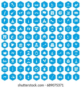 100 wine icons set in blue hexagon isolated vector illustration