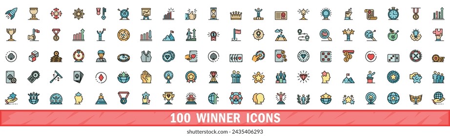 100 winner icons set. Color line set of winner vector icons thin line color flat on white