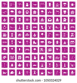 100 winter holidays icons set in grunge style pink color isolated on white background vector illustration