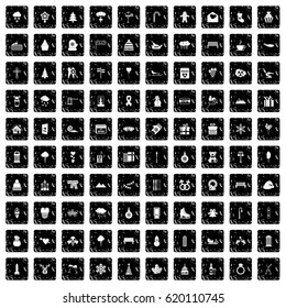 100 winter holidays icons set in grunge style isolated vector illustration