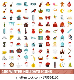 100 winter holidays icons set in flat style for any design vector illustration