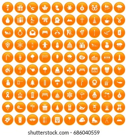 100 winter holidays icons set in orange circle isolated on white vector illustration