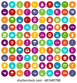 100 winter holidays icons set in different colors circle isolated vector illustration