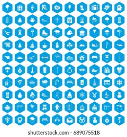 100 winter holidays icons set in blue hexagon isolated vector illustration