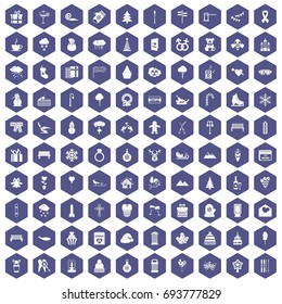 100 winter holidays icons set in purple hexagon isolated vector illustration