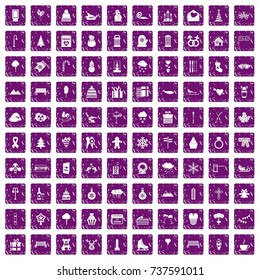 100 winter holidays icons set in grunge style purple color isolated on white background vector illustration