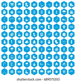 100 winter icons set in blue hexagon isolated vector illustration