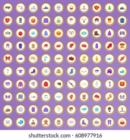 100 winter icons set in cartoon style on purple background vector illustration