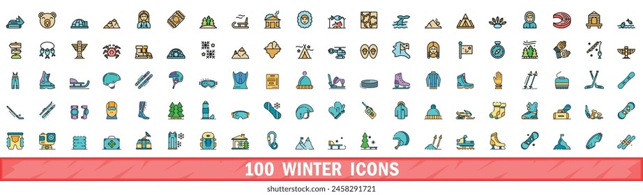 100 winter icons set. Color line set of winter vector icons thin line color flat on white