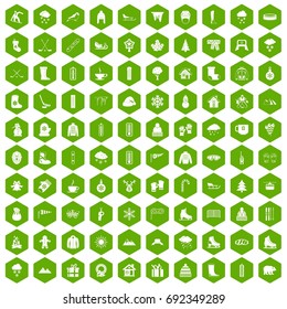 100 winter icons set in green hexagon isolated vector illustration