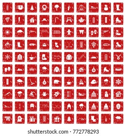 100 winter icons set in grunge style red color isolated on white background vector illustration