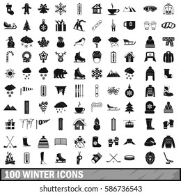 100 winter icons set hockey. Simple style 100 winter vector icons for any design black illustration