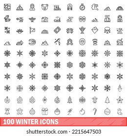 100 winter icons set. Outline illustration of 100 winter icons vector set isolated on white background