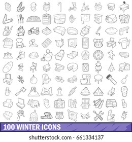 100 winter icons set in outline style for any design vector illustration