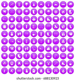 100 winter icons set in purple circle isolated on white vector illustration