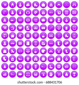 100 winter shopping icons set in purple circle isolated vector illustration