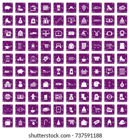 100 winter shopping icons set in grunge style purple color isolated on white background vector illustration
