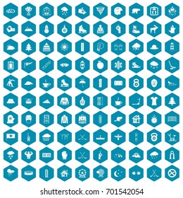100 winter sport icons set in sapphirine hexagon isolated vector illustration