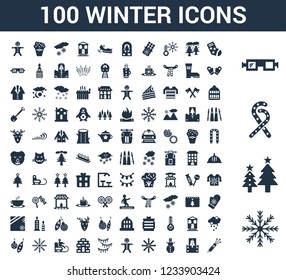 100 winter universal icons set with Snowflake, Christmas tree, Candy cane, Safety glasses, sock, card, Snowman, Gingerbread man, Lights