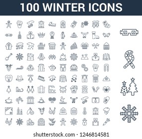100 winter universal linear icons set with Snowflake, Christmas tree, Candy cane, Safety glasses, sock, card, Snowman, Gingerbread man, Lights