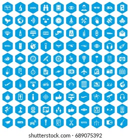 100 wireless technology icons set in blue hexagon isolated vector illustration