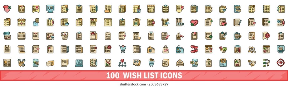 100 wish list icons set. Color line set of wish list vector icons thin line color flat on white