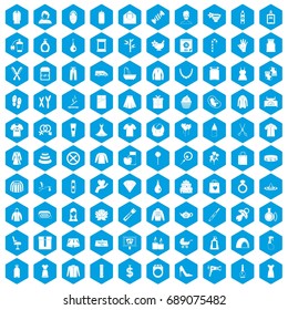 100 woman icons set in blue hexagon isolated vector illustration