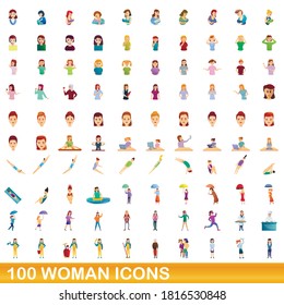 100 woman icons set. Cartoon illustration of 100 woman icons vector set isolated on white background