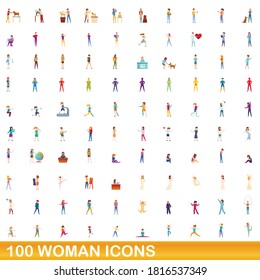 100 woman icons set. Cartoon illustration of 100 woman icons vector set isolated on white background